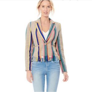Ecru Striped Multicolor Blazer With Fringe Trim Size Small